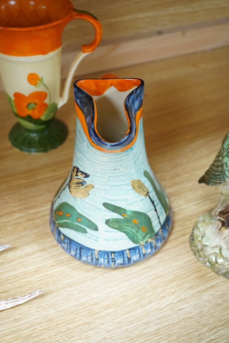 A Beswick woodpecker, two Myott jugs and two Wedgwood teapots and covers, largest 22cm